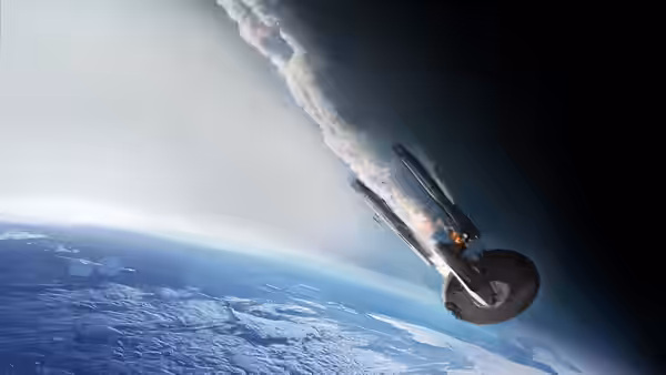 A damaged starship falls toward Earth trailing smoke and fire