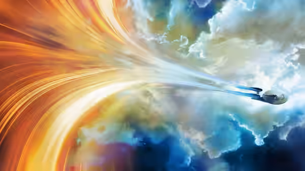A starship traveling at warp speed through swirling colorful clouds and light trails