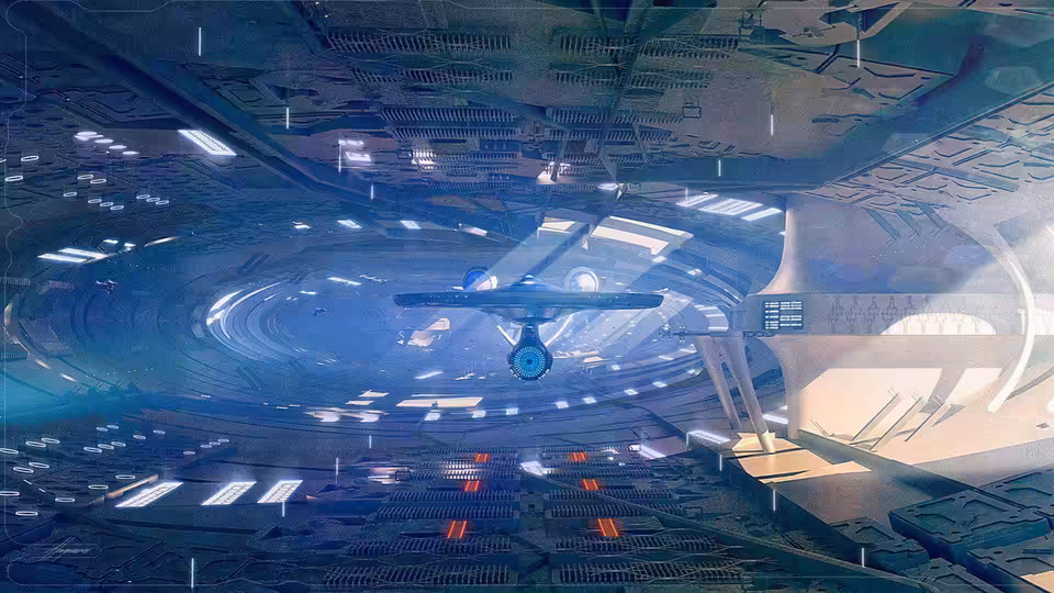 A small spacecraft flying inside a vast illuminated circular space station