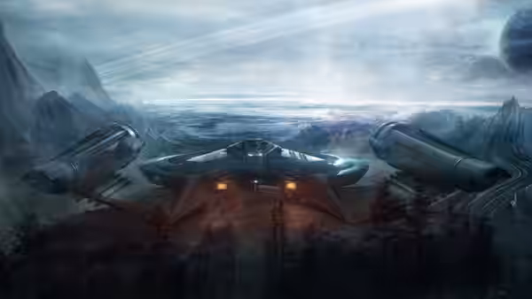 A large spacecraft hovering above misty mountains and forests under cloudy skies