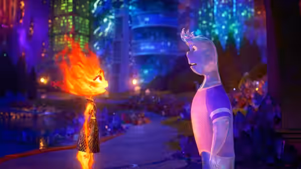 Ember (Leah Lewis) and Wade (Mamoudou Athie) facing each other in a city