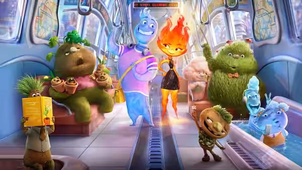 Ember (Leah Lewis) and Wade (Mamoudou Athie) standing inside a subway car