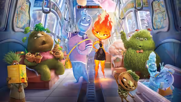 Ember (Leah Lewis) and Wade (Mamoudou Athie) riding a subway with other passengers