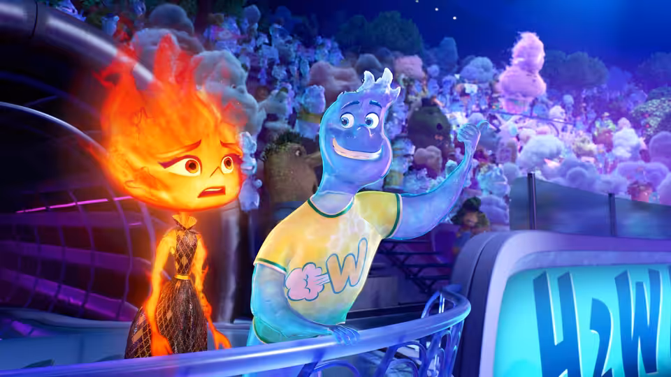 Ember (Leah Lewis) and Wade (Mamoudou Athie) overlooking a large crowd of elements