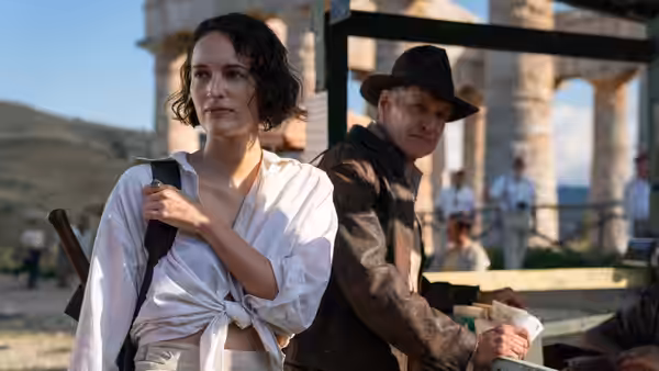 Helena (Phoebe Waller-Bridge) and Indiana Jones (Harrison Ford) among ancient stone columns