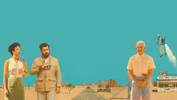 A group of people standing in the desert with a jetpack flyer