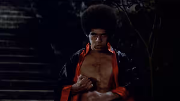 Williams (Jim Kelly) holds a fighting stance in a dim corridor