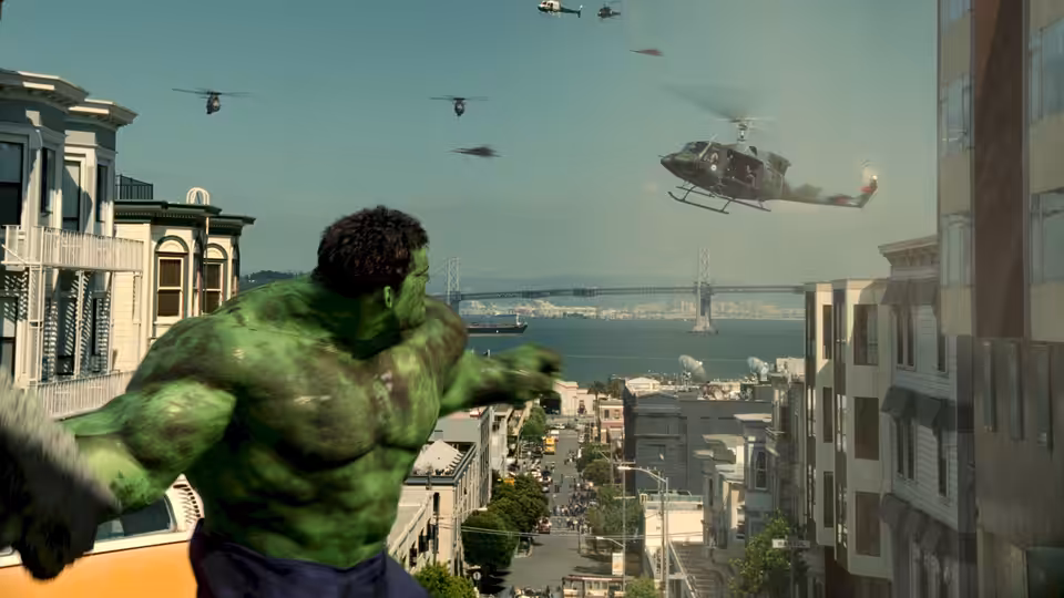 The Hulk hurls a vehicle toward helicopters above a city street