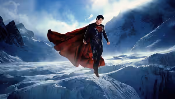 Superman (Henry Cavill) strides across a frozen mountain landscape