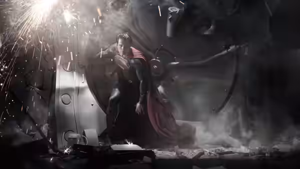 Superman (Henry Cavill) rises from wreckage amid sparks and smoke