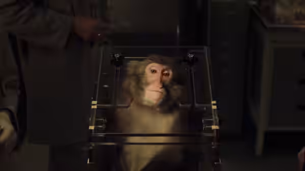 A monkey sits inside a restraint frame as a man leans over it in a laboratory