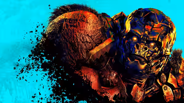Optimus Primal with orange markings raising massive fist against bright blue sky