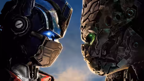 Optimus Prime facing robotic creature with glowing green eyes under cloudy sky