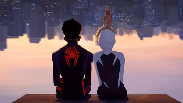 Miles Morales and Gwen Stacy sit on a rooftop overlooking a city at dusk
