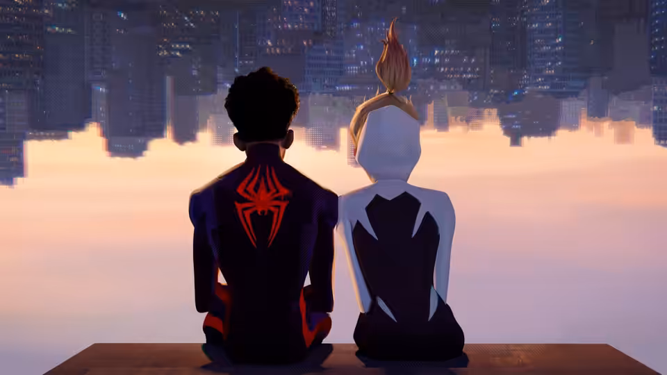 Miles Morales and Gwen Stacy sit on a rooftop overlooking a city at dusk