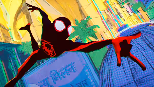 Miles Morales swings through the air above a colorful animated city street