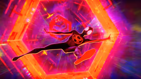 Miles Morales flies through a glowing hexagonal portal filled with light streaks
