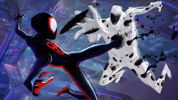 Miles Morales kicks the Spot during a fight inside a neon-lit building