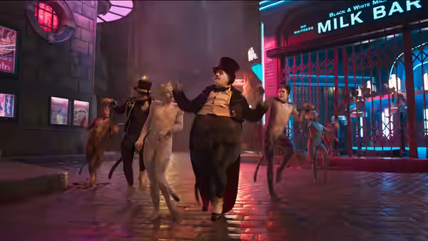 Bustopher Jones leads a group of cats dancing outside the Milk Bar at night
