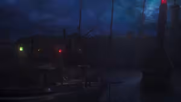 dark harbor at night with ships, cranes and glowing signal lights