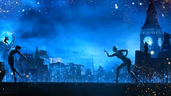 two silhouetted dancers leap across a starry London rooftop at night