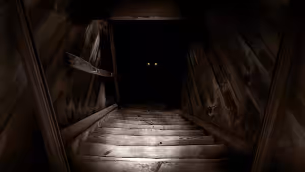 Glowing eyes staring from the top of a dark wooden staircase