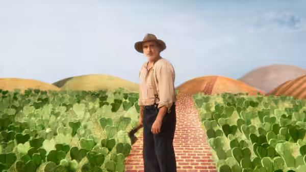 Beau Wassermann (Joaquin Phoenix) standing on a brick path in a painted field