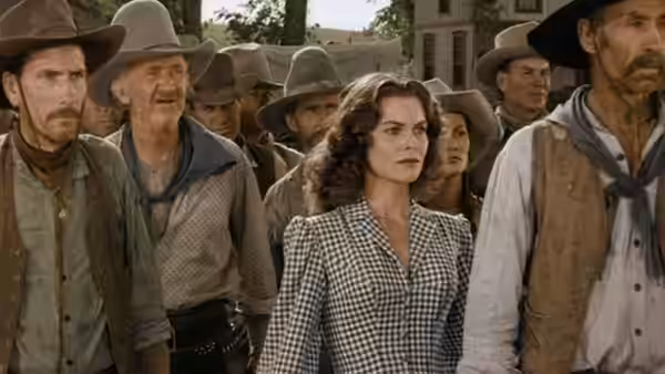 Tess Millay (Joanne Dru) walks through a crowd of cowboys