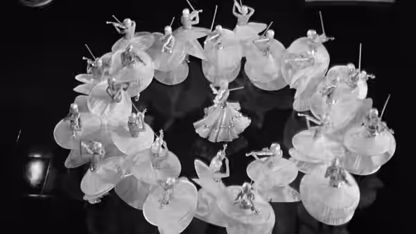 Overhead view of chorus dancers arranged in a ring across the stage