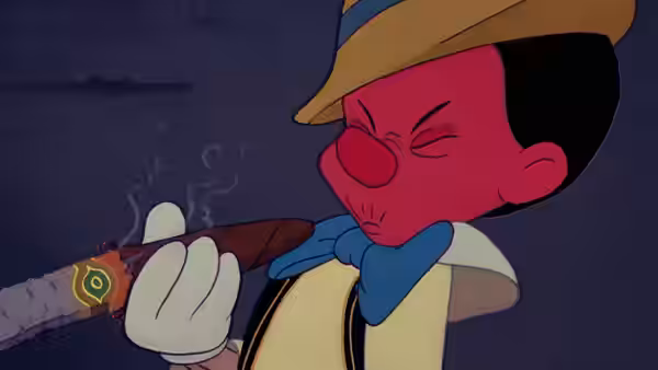 Pinocchio with red face smoking a lit cigar