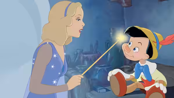 The Blue Fairy pointing her glowing wand at Pinocchio