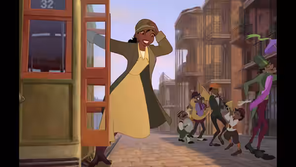 Eudora (Oprah Winfrey) stepping off a streetcar in a city street
