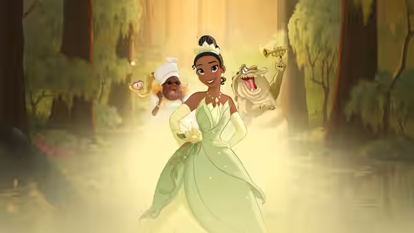 Tiana (Anika Noni Rose) in a green dress with Louis and friends in a forest