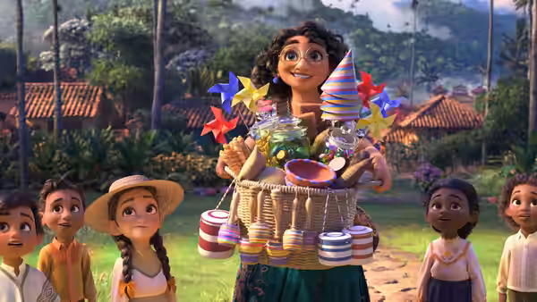Mirabel holding a colorful basket with children in a village