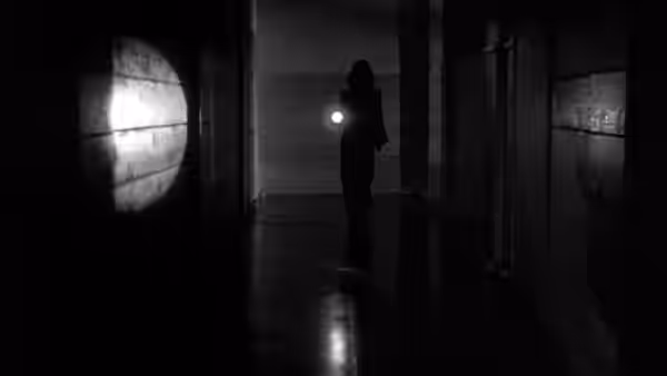 A silhouetted figure explores a dark corridor, holding a light
