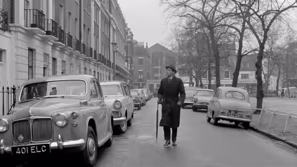 Hugo Barrett (Dirk Bogarde) walks along a London street between parked cars