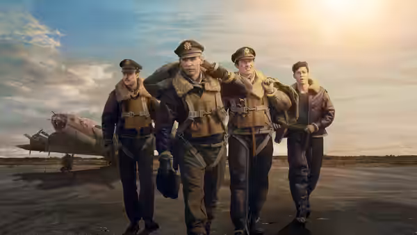 Bucky Egan (Callum Turner) leads fellow airmen across an airfield