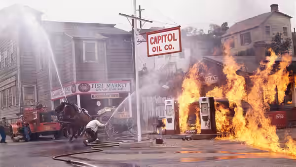 Flames engulf a roadside building beside the Capitol Oil sign and a parked truck