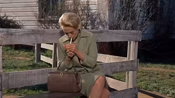 Melanie Daniels (Tippi Hedren) sits on a wooden fence, sipping from a glass