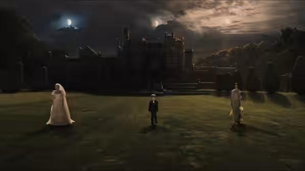 Justine (Kirsten Dunst) Leo and John standing on the lawn at night