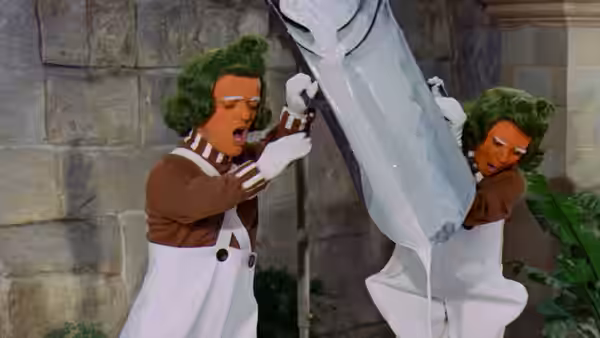Two Oompa Loompas pour white liquid from a large container