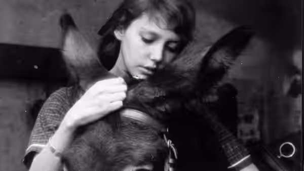 Marie (Anne Wiazemsky) reaches toward a person seated in front of her