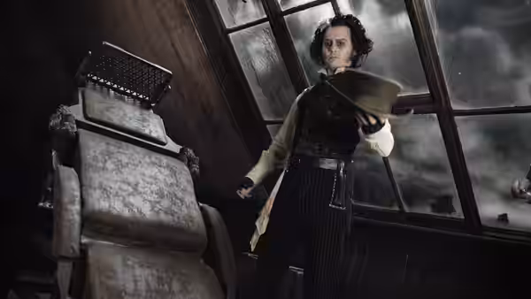 Sweeney Todd (Johnny Depp) holding a razor in his barber shop