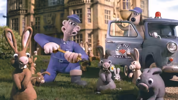 A policeman aiming at rabbits beside the parked pest control van