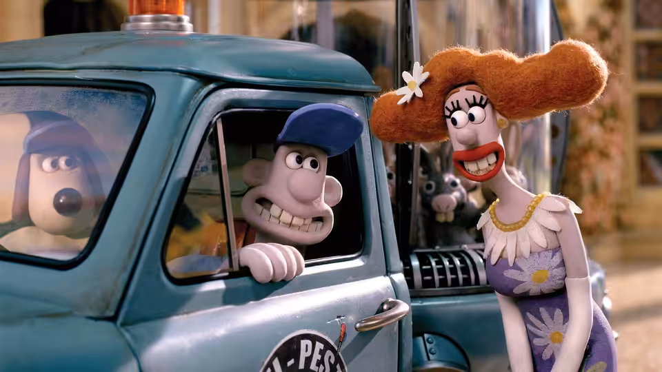 Wallace leaning from a pest control van to speak with a woman