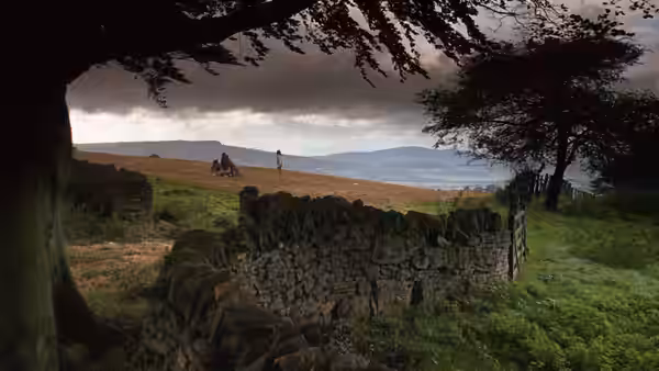 A lone figure stands in open fields under a dramatic cloudy sky