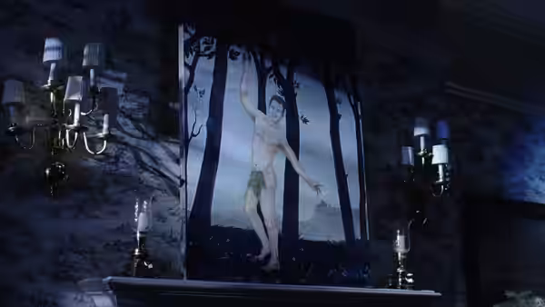 A painting of a nude man hangs between wall sconces in a dim room