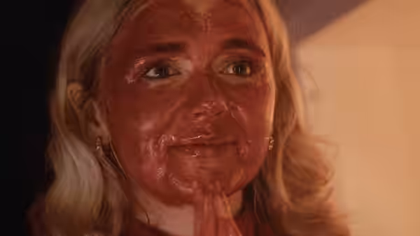 Blonde woman with red-smeared face clasping hands under her chin