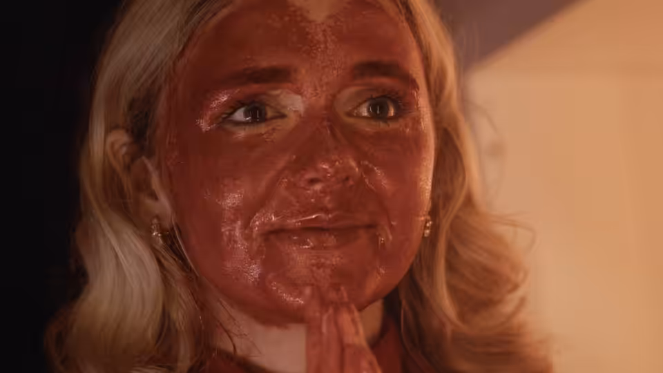Blonde woman with red-smeared face clasping hands under her chin