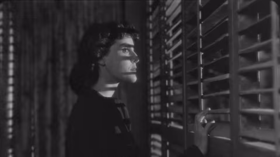 A woman peers through a row of wooden shutters in a dim room